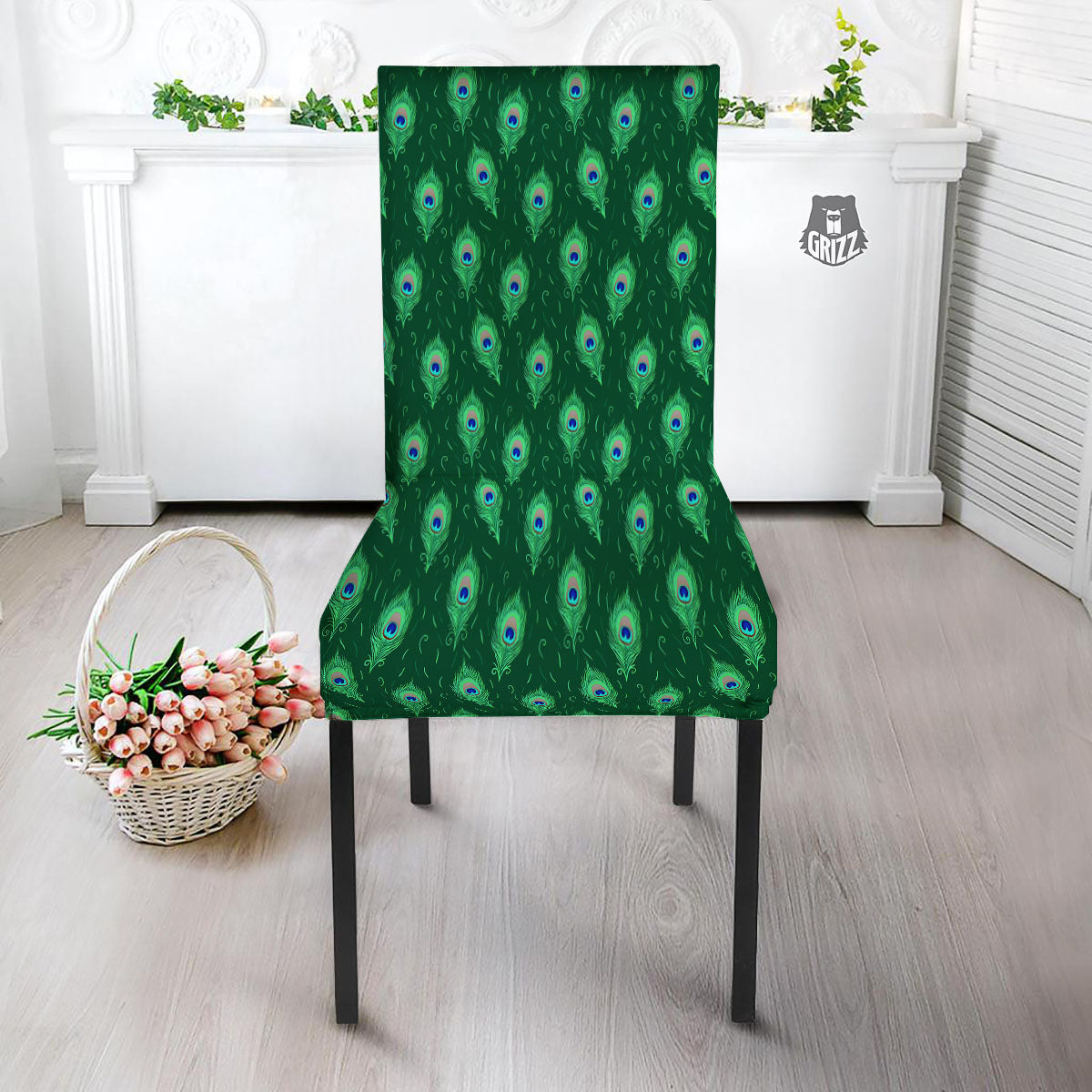 Feather Peacock Print Pattern Dining Chair Slipcover-grizzshop