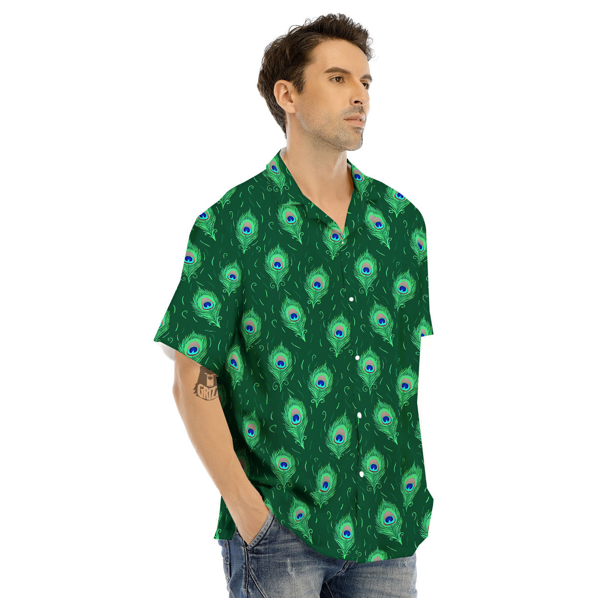 Feather Peacock Print Pattern Men's Hawaiian Shirt-grizzshop