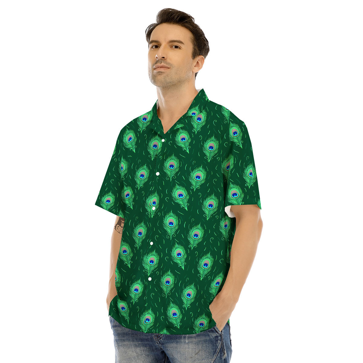 Feather Peacock Print Pattern Men's Hawaiian Shirt-grizzshop