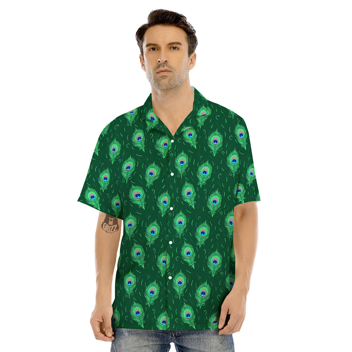 Feather Peacock Print Pattern Men's Hawaiian Shirt-grizzshop