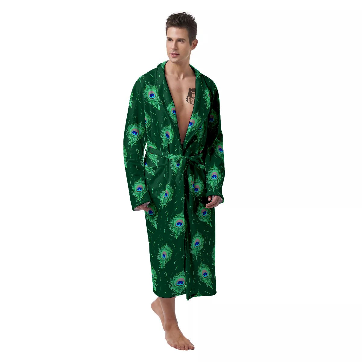 Feather Peacock Print Pattern Men's Robe-grizzshop