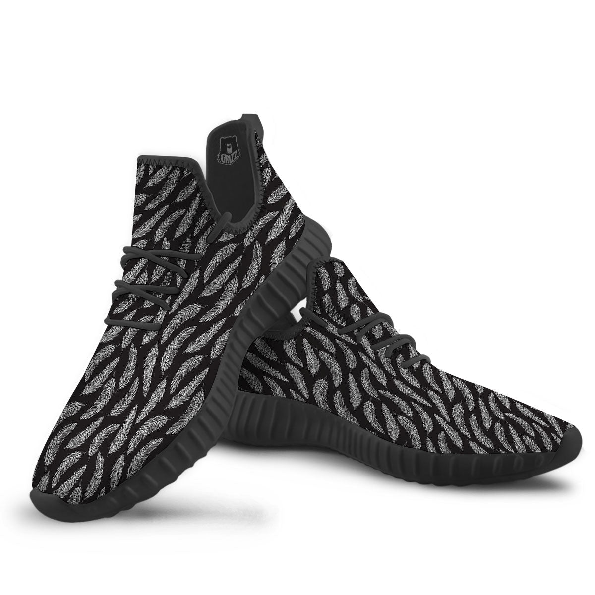 Feather White And Black Print Pattern Black Walking Shoes-grizzshop