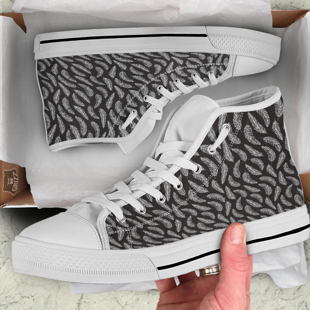 Feather White And Black Print Pattern White High Top Shoes-grizzshop