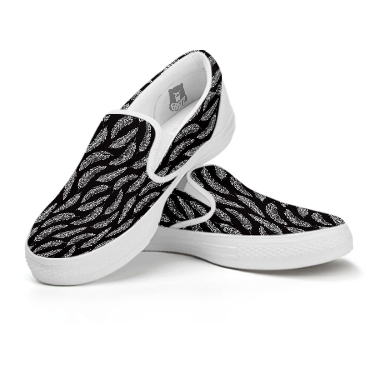 Feather White And Black Print Pattern White Slip On Shoes-grizzshop