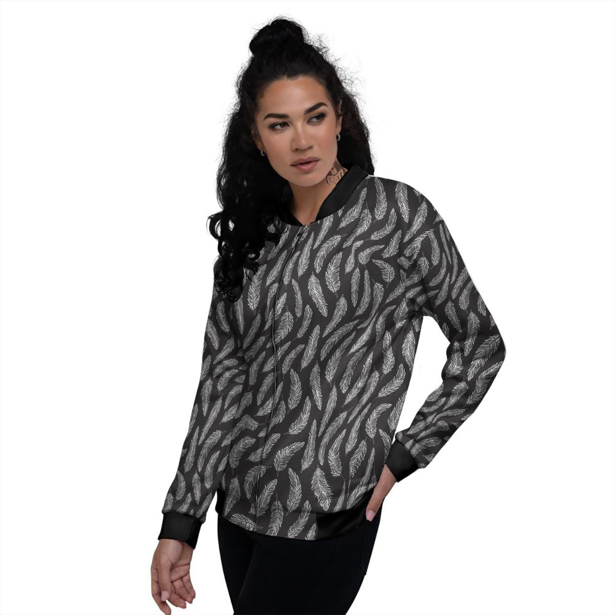 Feather White And Black Print Pattern Women's Bomber Jacket-grizzshop