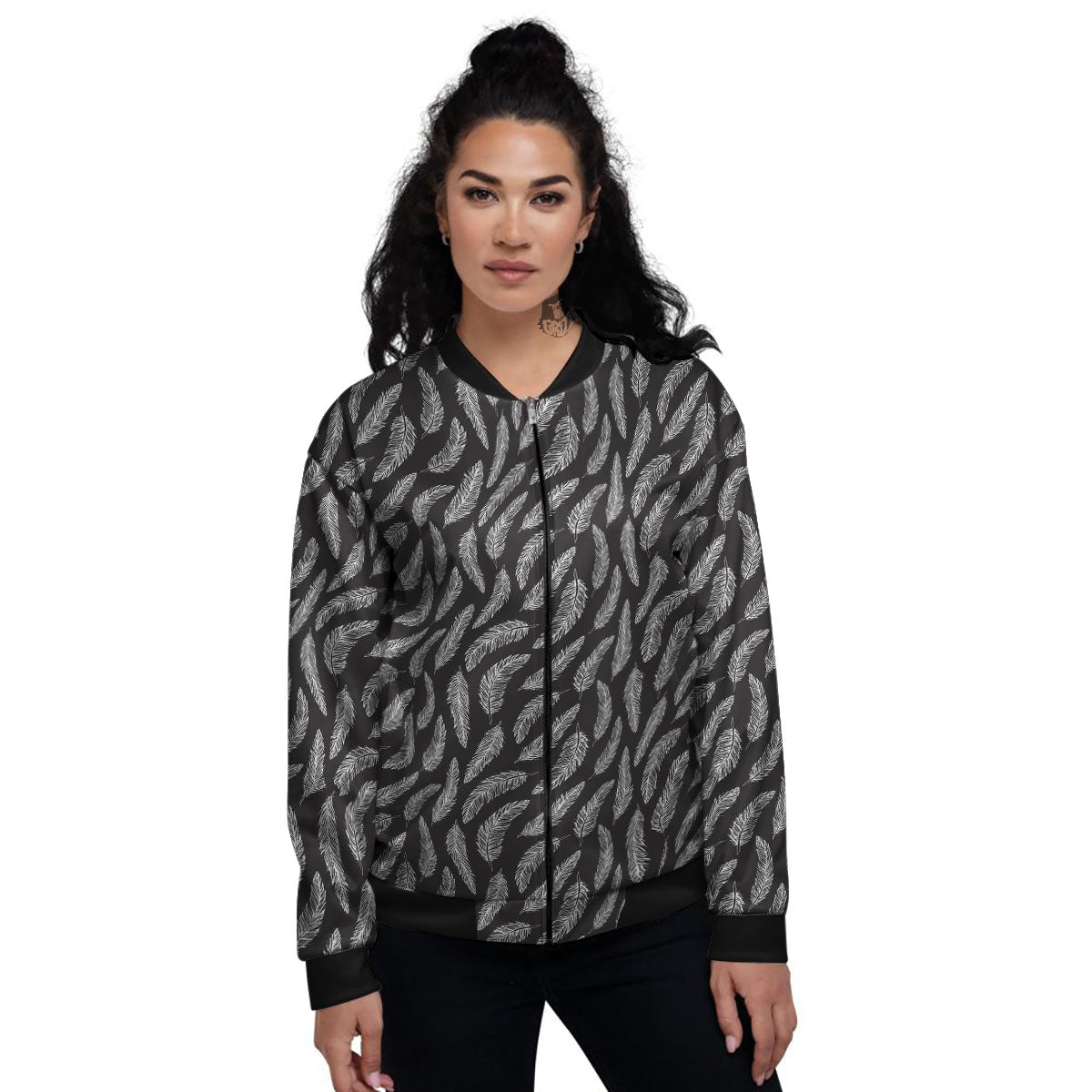 Feather White And Black Print Pattern Women's Bomber Jacket-grizzshop