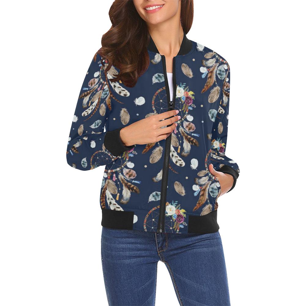 Feather Dream Catcher Blue Boho Pattern Print Women Casual Bomber Jacket-grizzshop