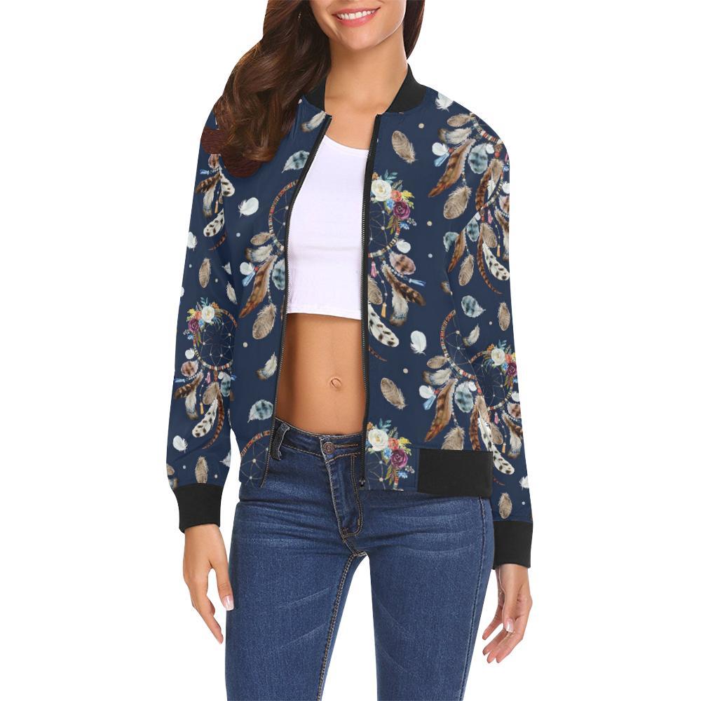 Feather Dream Catcher Blue Boho Pattern Print Women Casual Bomber Jacket-grizzshop