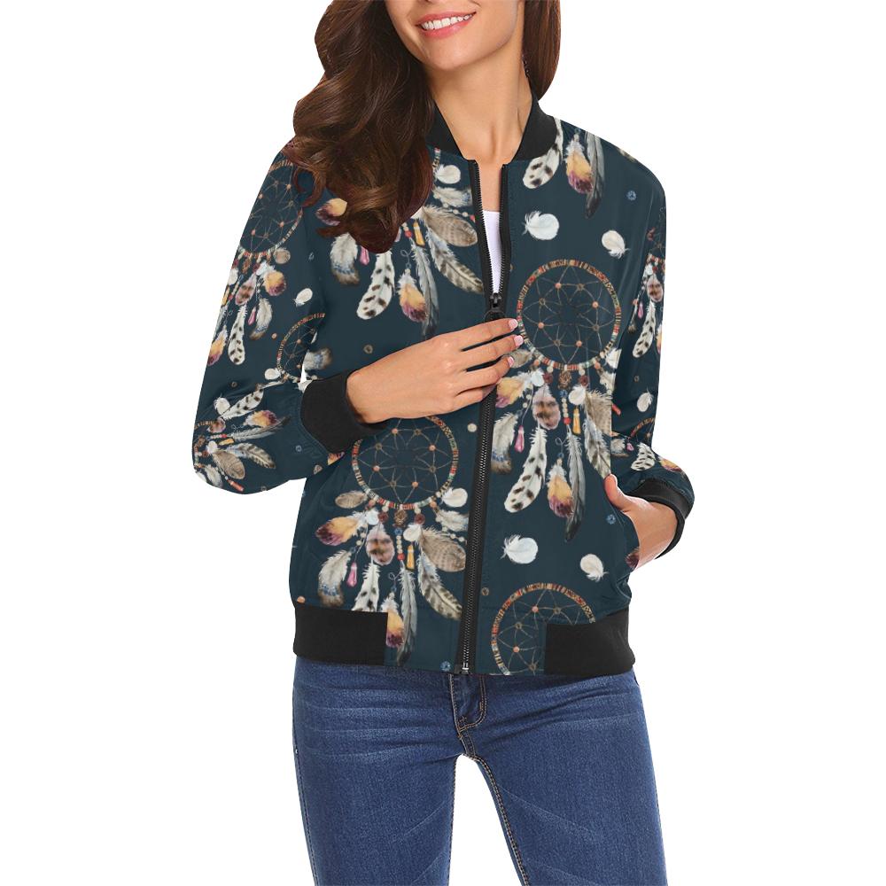 Feather Dream Catcher Boho Pattern Print Women Casual Bomber Jacket-grizzshop