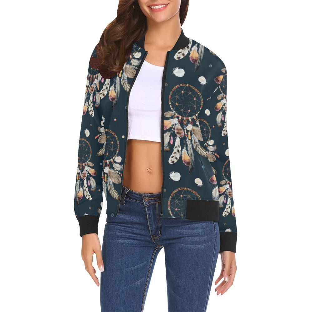 Feather Dream Catcher Boho Pattern Print Women Casual Bomber Jacket-grizzshop