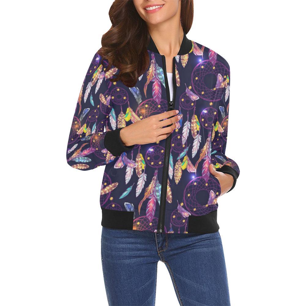 Feather Dream Catcher Vintage Pattern Print Women Casual Bomber Jacket-grizzshop