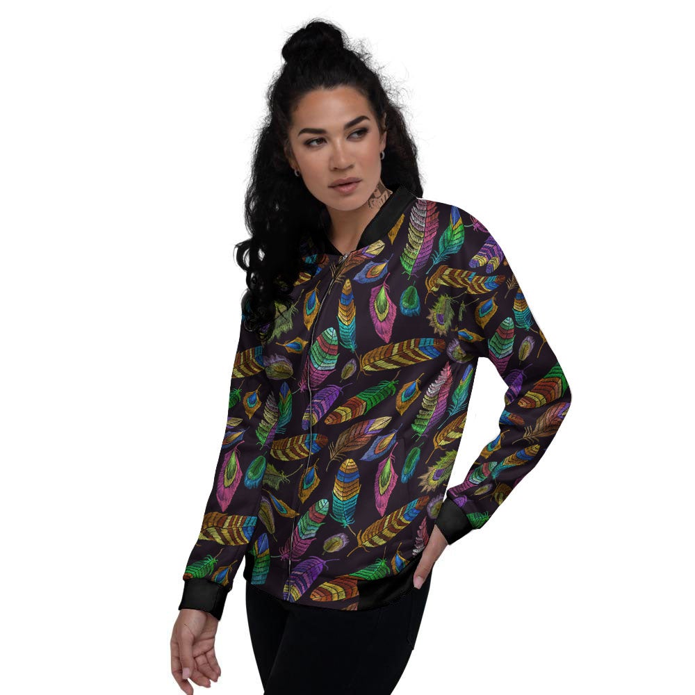 Feather Native Print Pattern Women's Bomber Jacket-grizzshop