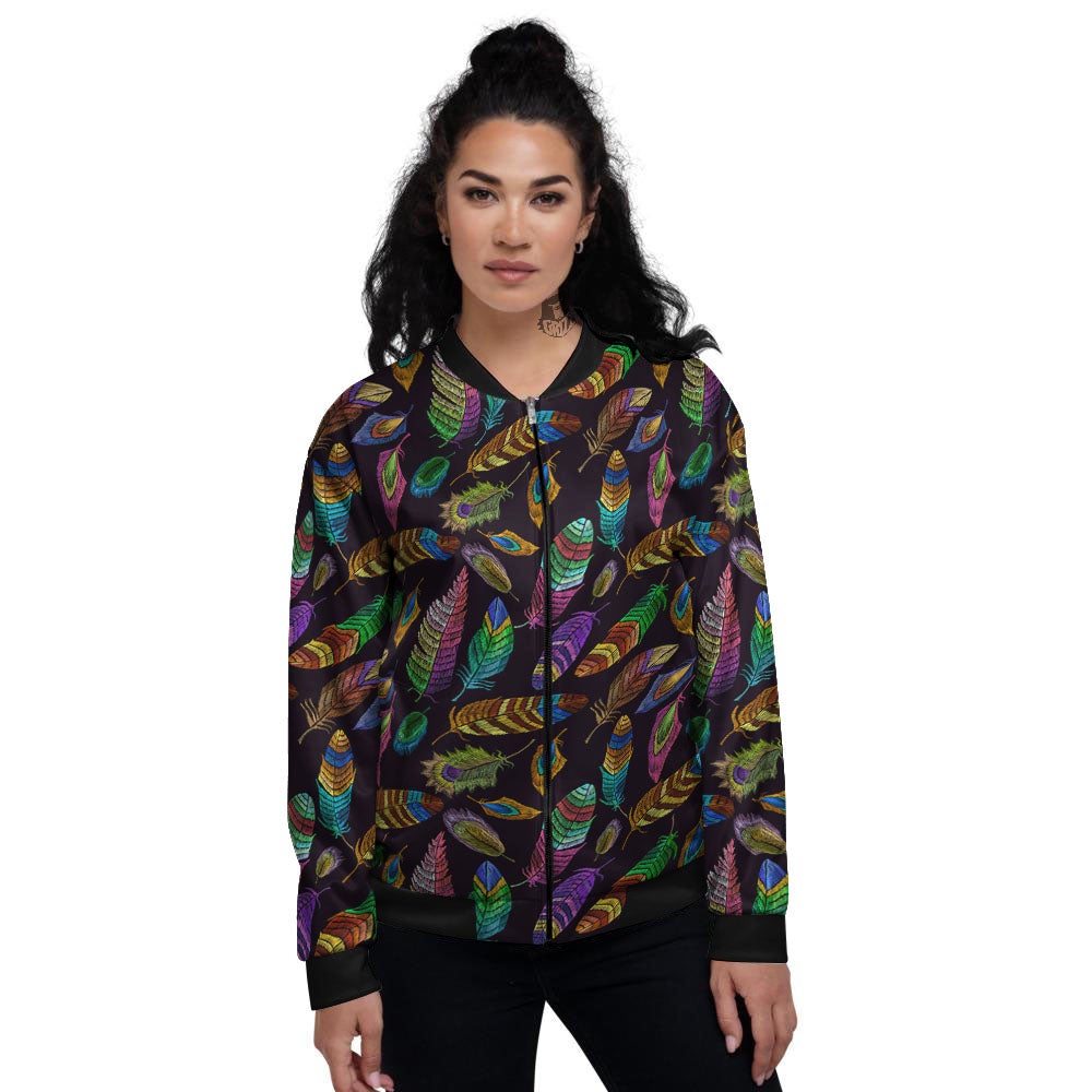 Feather Native Print Pattern Women's Bomber Jacket-grizzshop