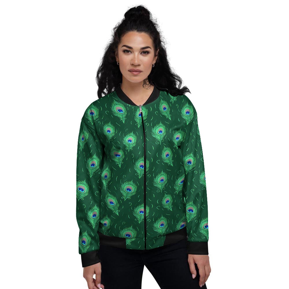 Feather Peacock Print Pattern Women's Bomber Jacket-grizzshop