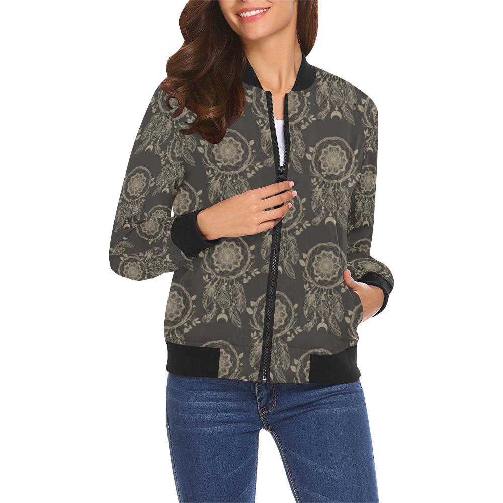 Feather Vintage Dream Catcher Pattern Print Women Casual Bomber Jacket-grizzshop