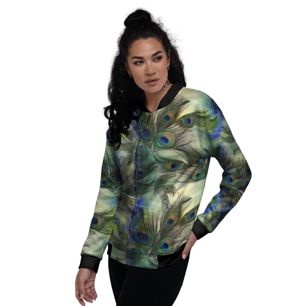 Feather Vintage Watercolor Print Pattern Women's Bomber Jacket-grizzshop