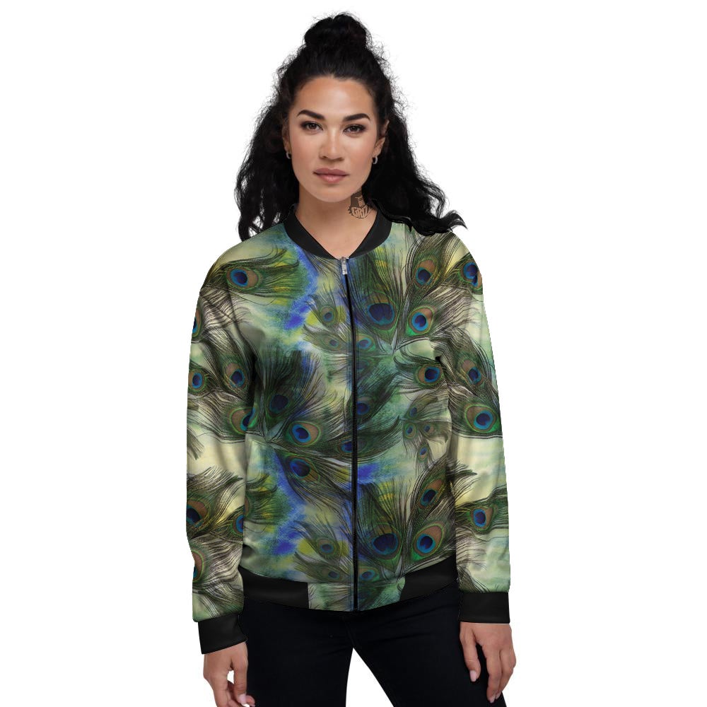 Feather Vintage Watercolor Print Pattern Women's Bomber Jacket-grizzshop