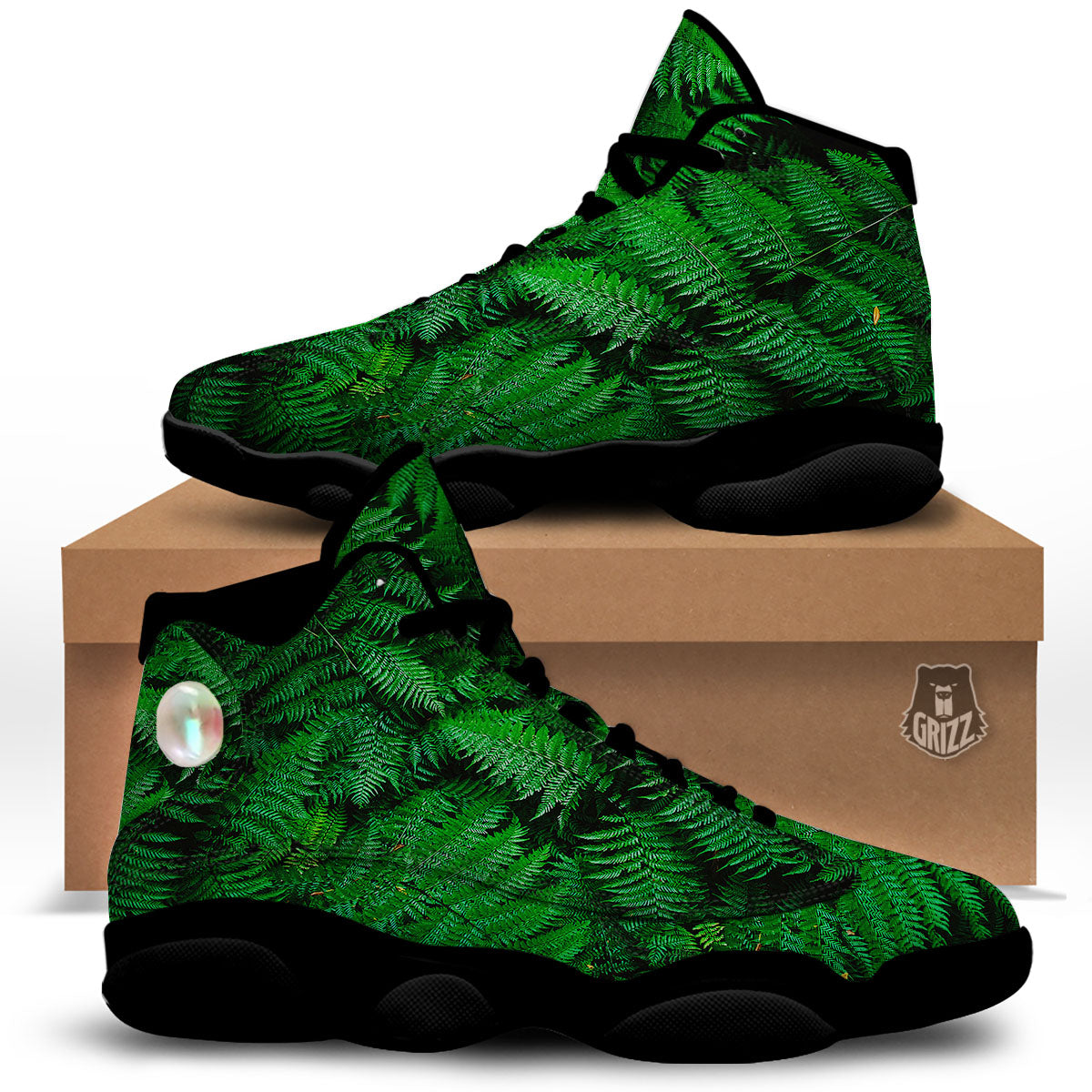 Fern Leaf Green Print Black Basketball Shoes-grizzshop