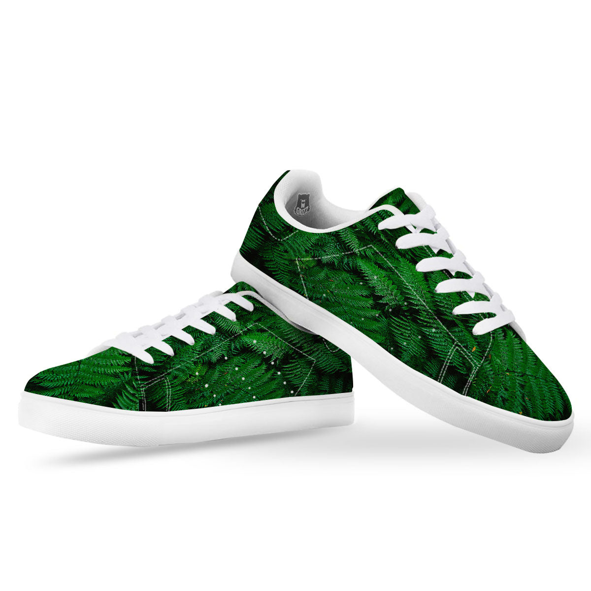 Fern Leaf Green Print White Low Top Sneakers-grizzshop
