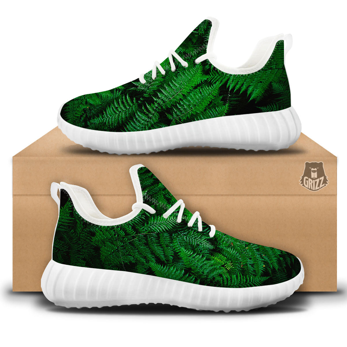 Fern Leaf Green Print White Walking Shoes-grizzshop