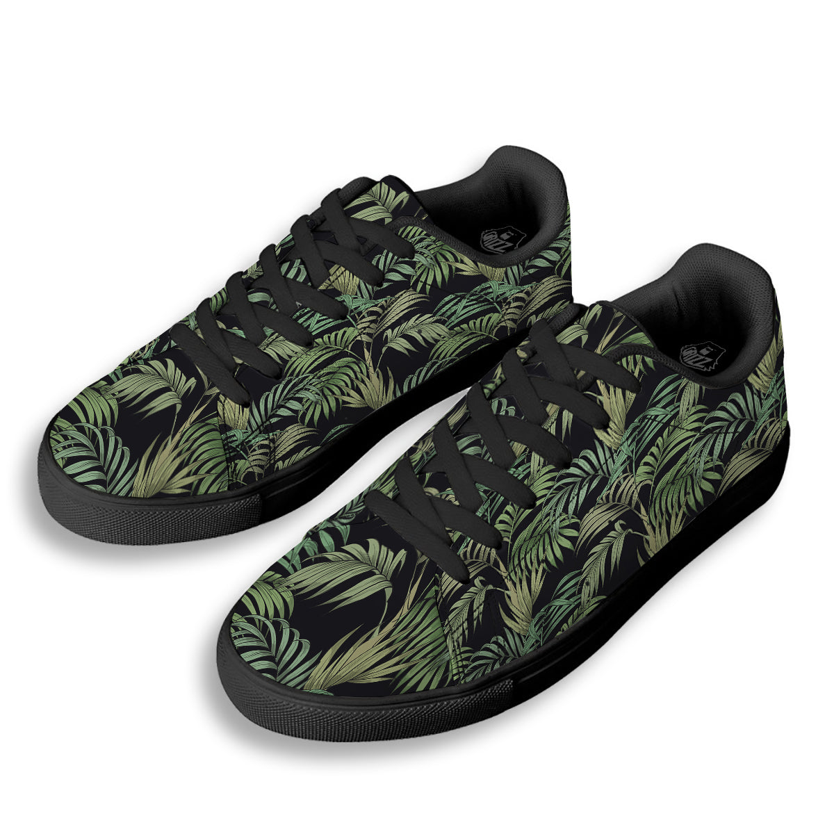 Fern Leaf Tropical Print Pattern Black Low Top Sneakers-grizzshop