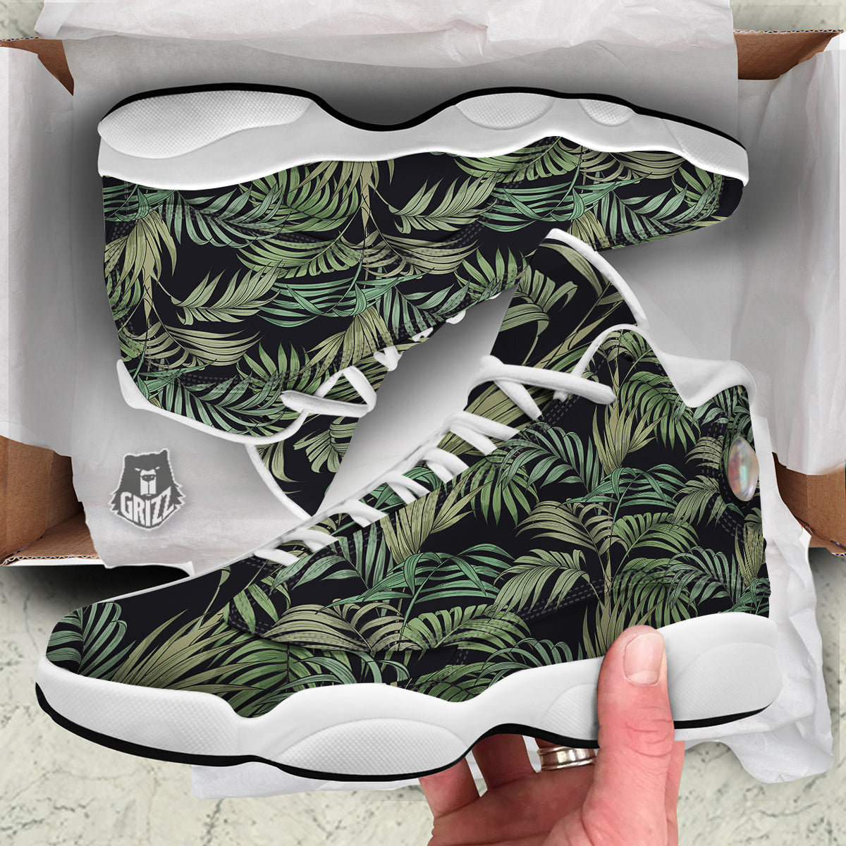 Fern Leaf Tropical Print Pattern White Basketball Shoes-grizzshop