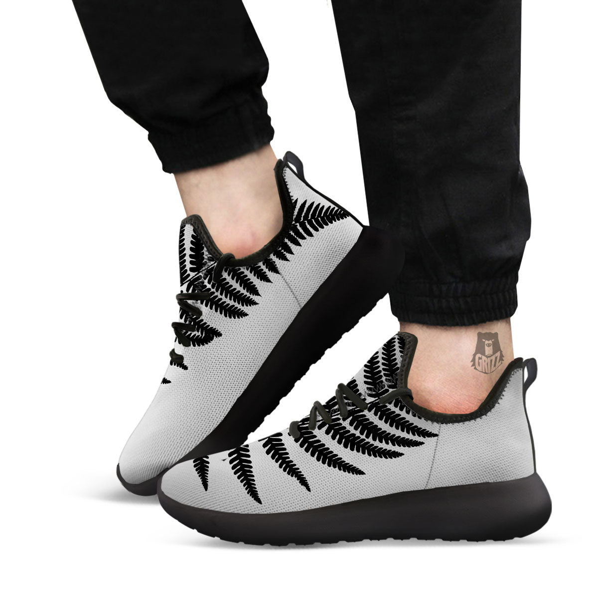 Fern Leaf White And Black Print Black Athletic Shoes-grizzshop