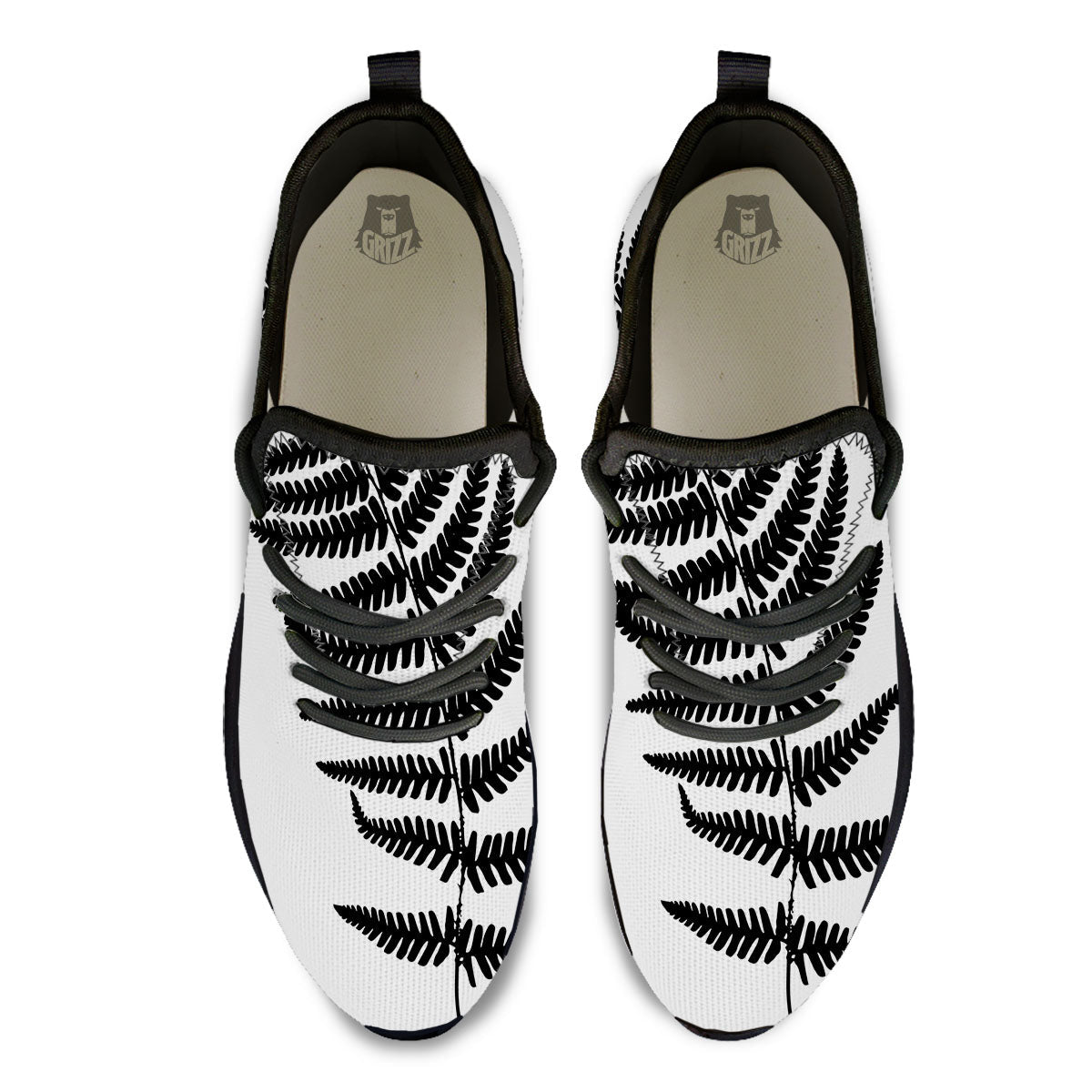 Fern Leaf White And Black Print Black Athletic Shoes-grizzshop
