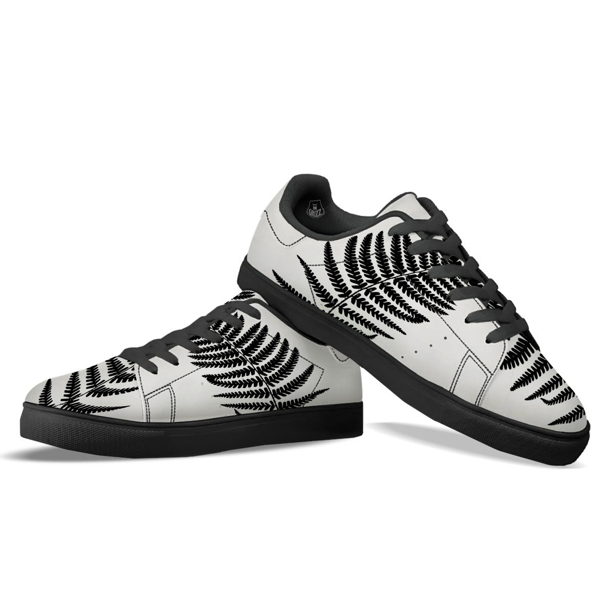 Fern Leaf White And Black Print Black Low Top Sneakers-grizzshop