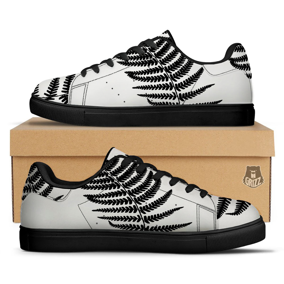 Fern Leaf White And Black Print Black Low Top Sneakers-grizzshop