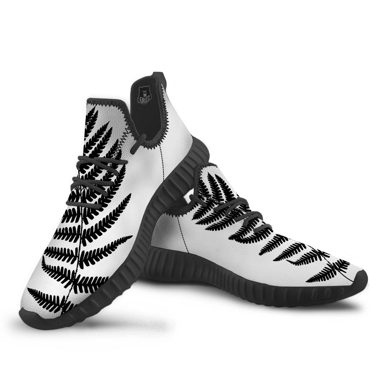 Fern Leaf White And Black Print Black Walking Shoes-grizzshop