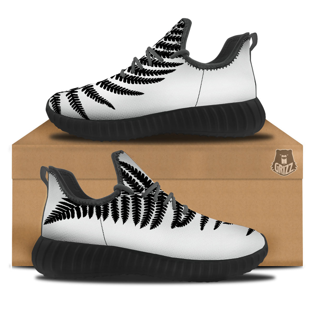 Fern Leaf White And Black Print Black Walking Shoes-grizzshop