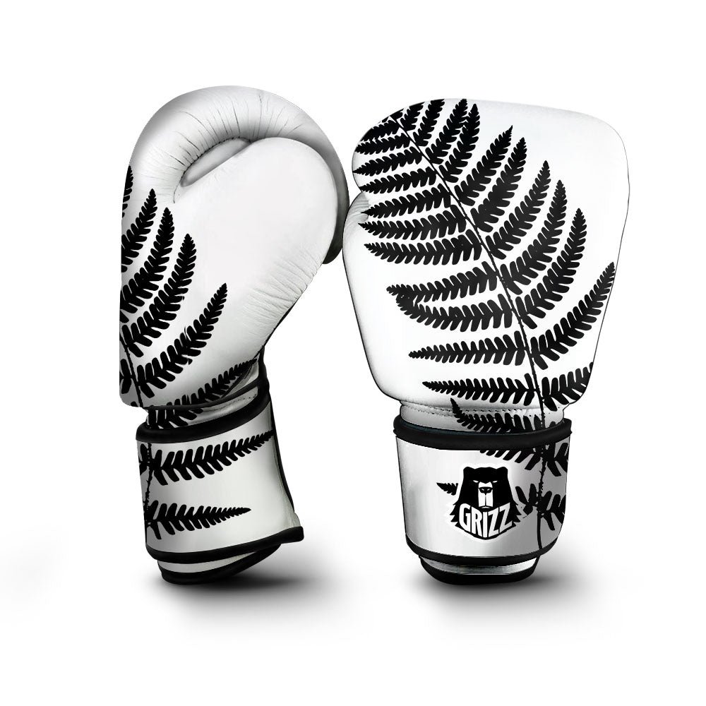 Fern Leaf White And Black Print Boxing Gloves-grizzshop