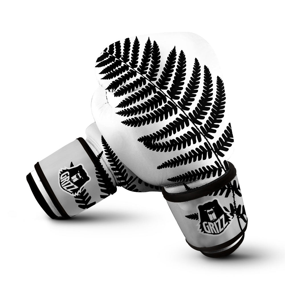 Fern Leaf White And Black Print Boxing Gloves-grizzshop