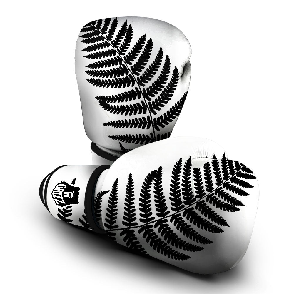 Fern Leaf White And Black Print Boxing Gloves-grizzshop