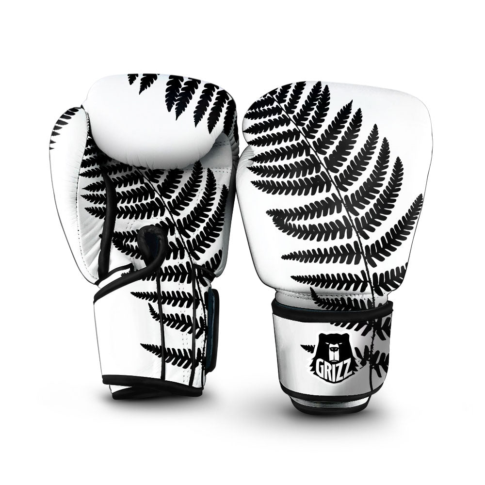 Fern Leaf White And Black Print Boxing Gloves-grizzshop