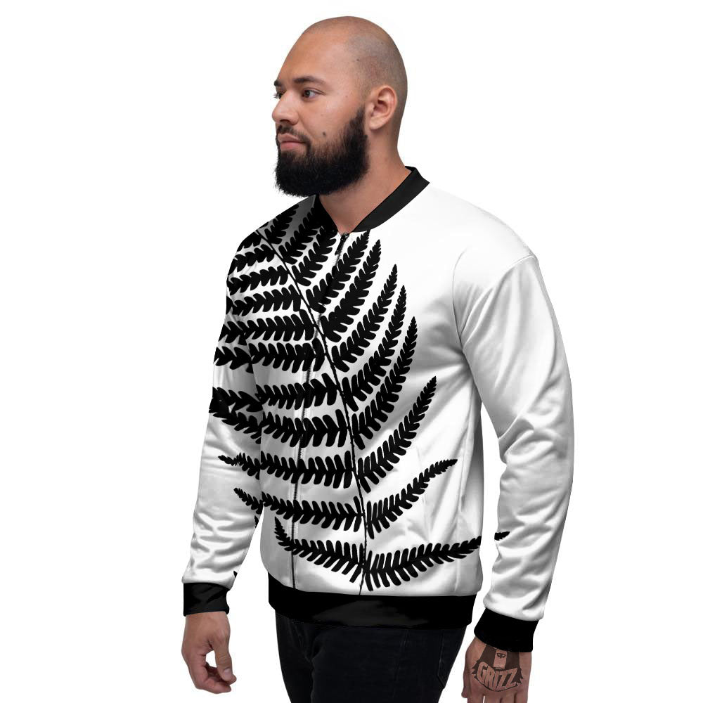 Fern Leaf White And Black Print Men's Bomber Jacket-grizzshop