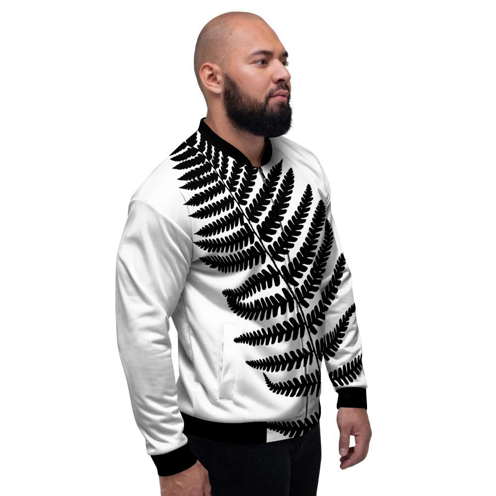 Fern Leaf White And Black Print Men's Bomber Jacket-grizzshop