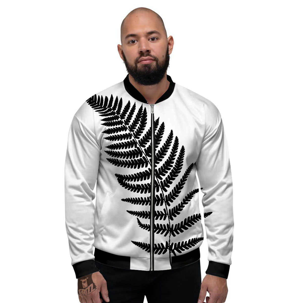 Fern Leaf White And Black Print Men's Bomber Jacket-grizzshop