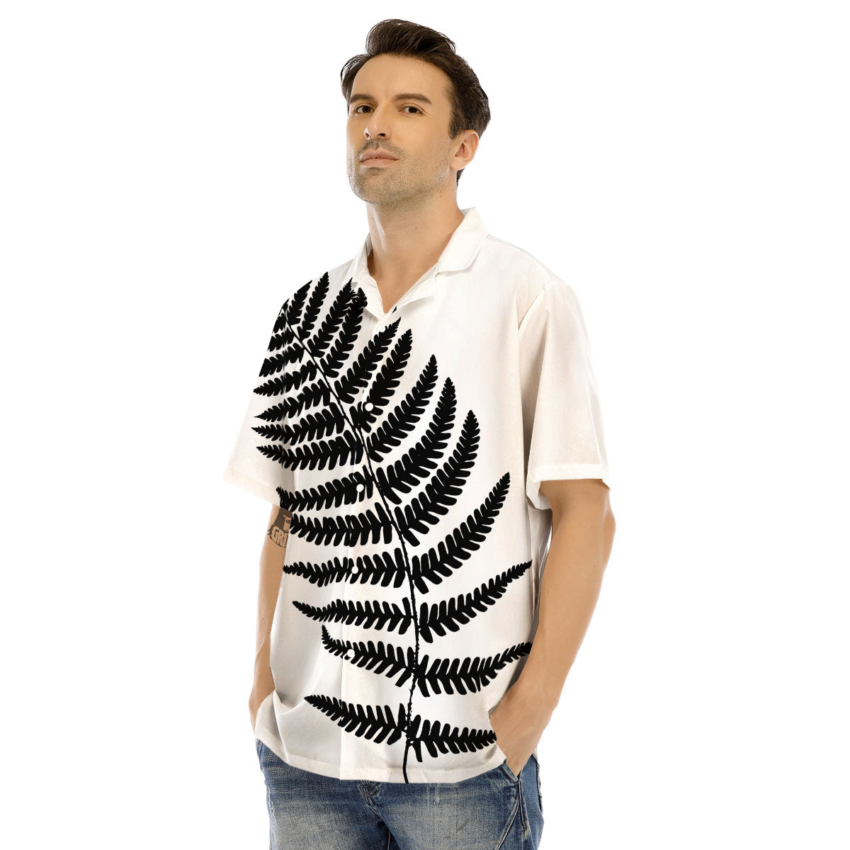 Fern Leaf White And Black Print Men's Hawaiian Shirt-grizzshop