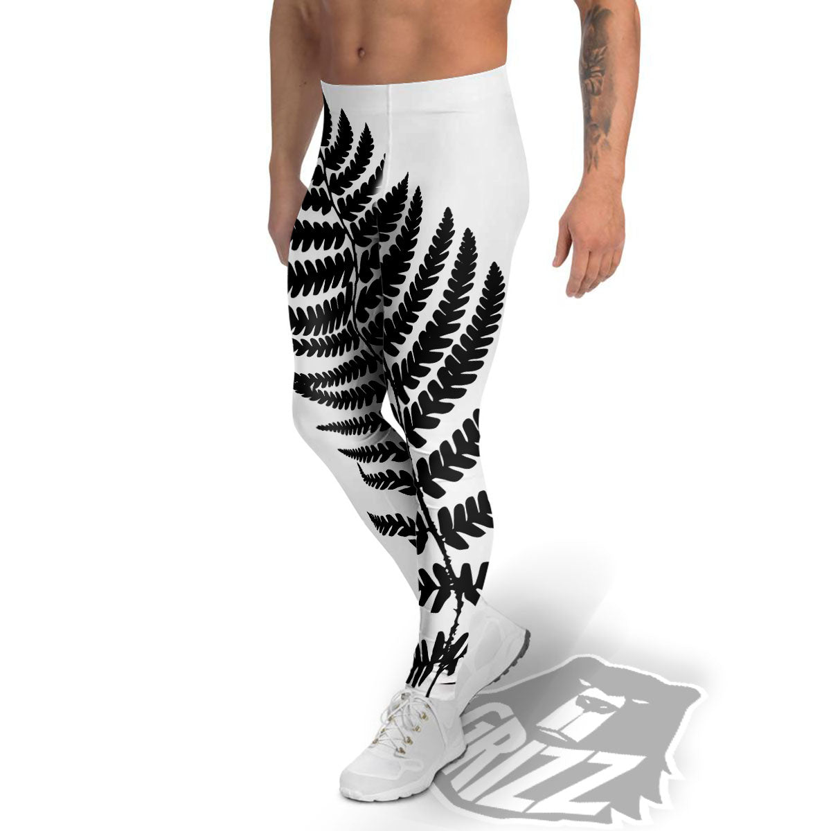 Fern Leaf White And Black Print Men's Leggings-grizzshop
