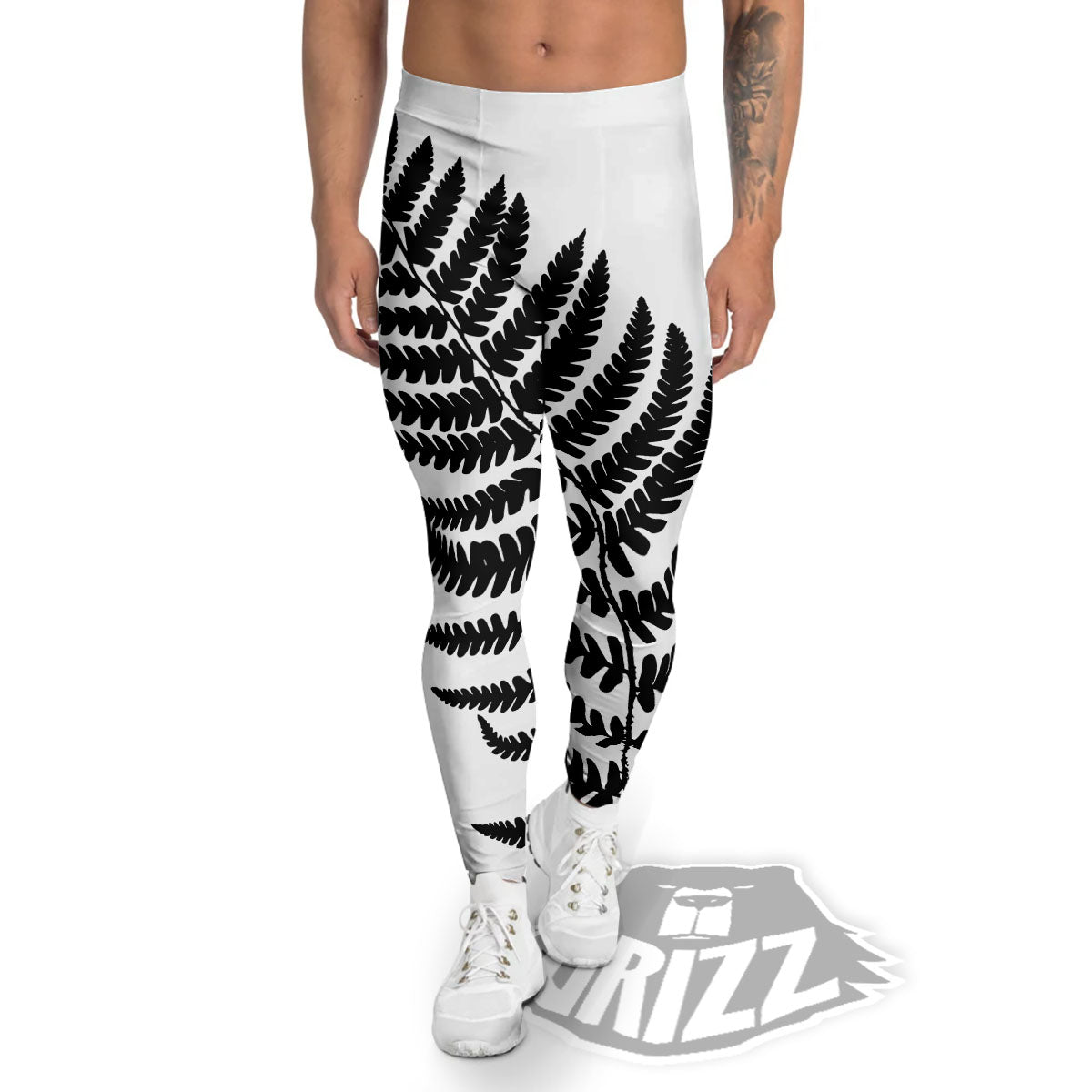 Fern Leaf White And Black Print Men's Leggings-grizzshop