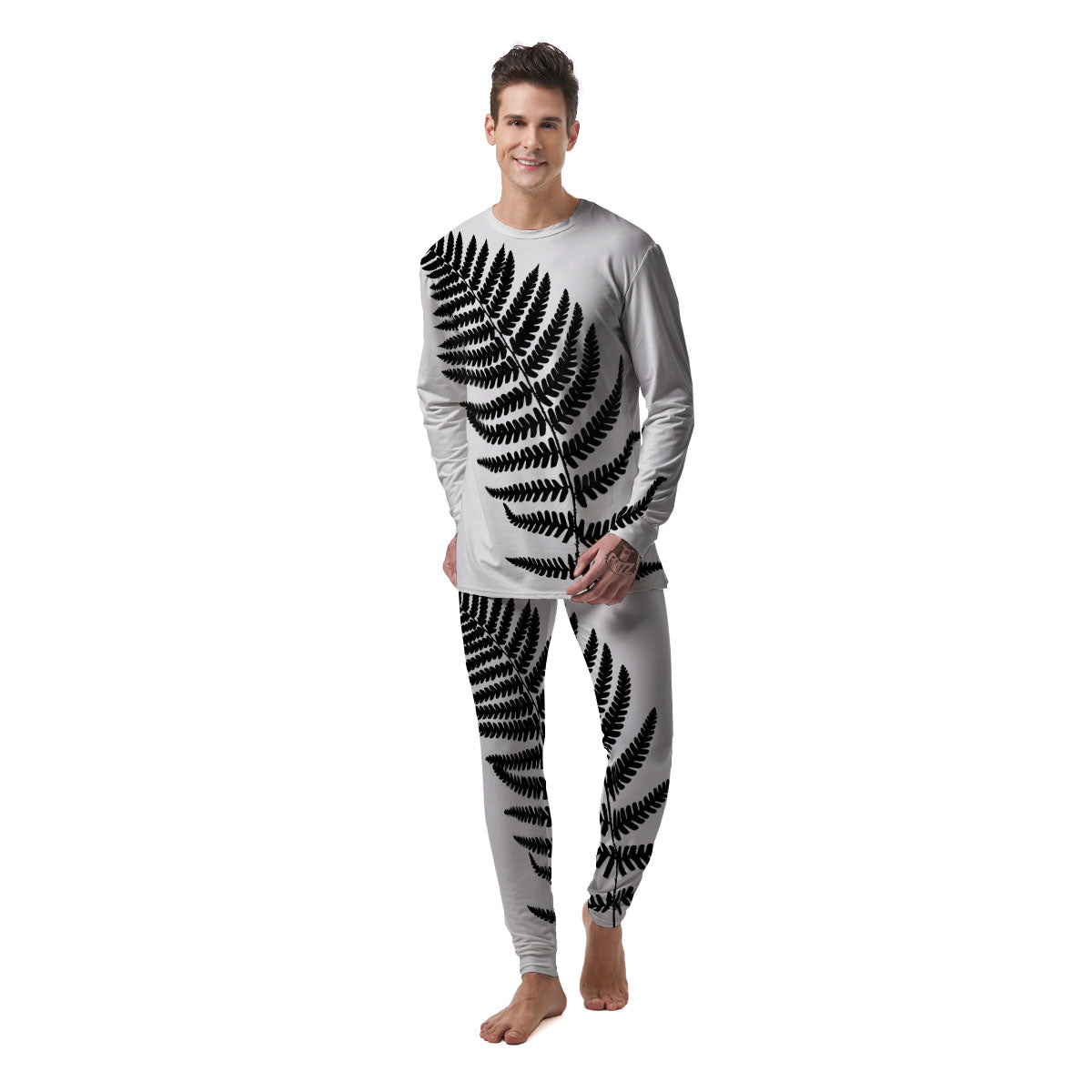 Fern Leaf White And Black Print Men's Pajamas-grizzshop