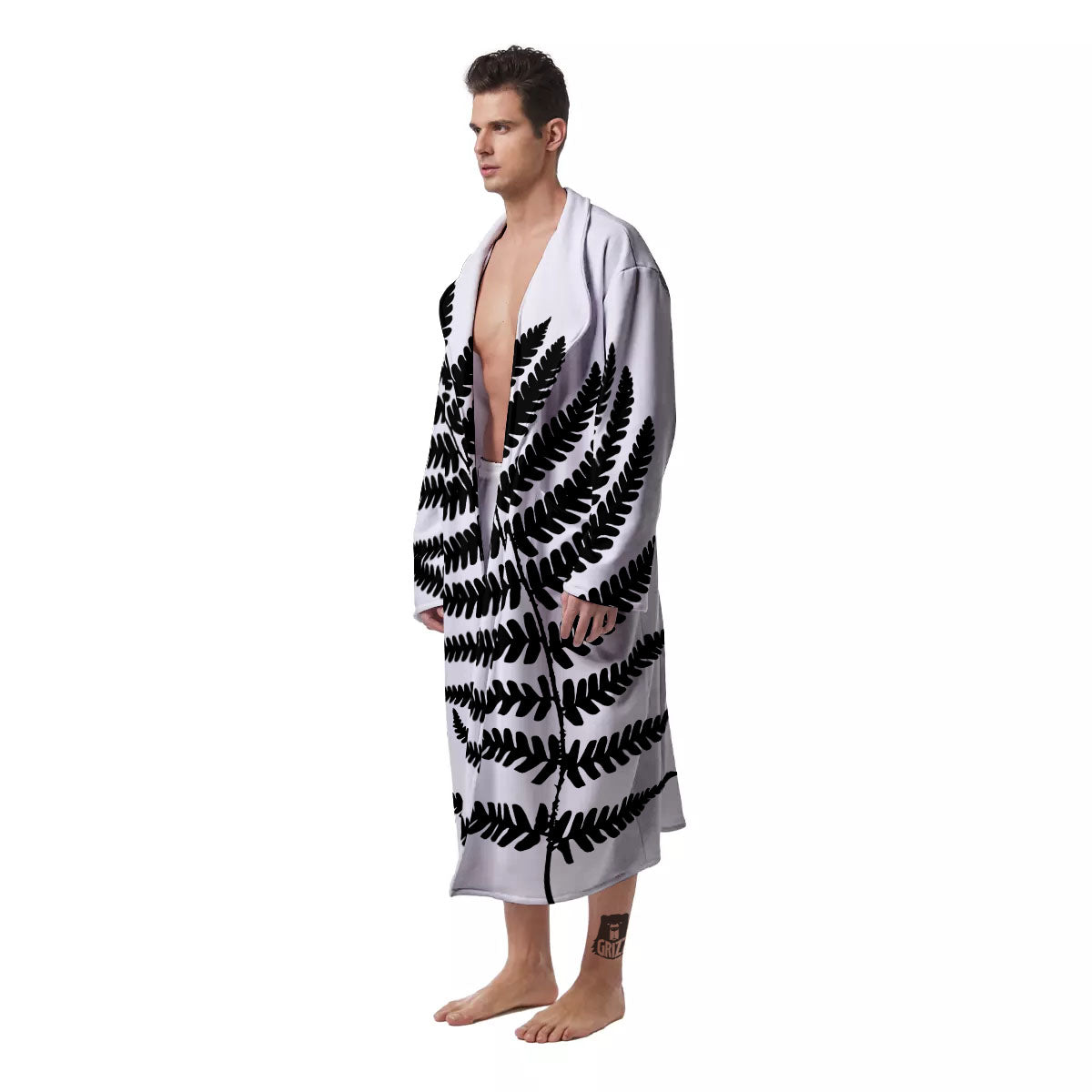 Fern Leaf White And Black Print Men's Robe-grizzshop