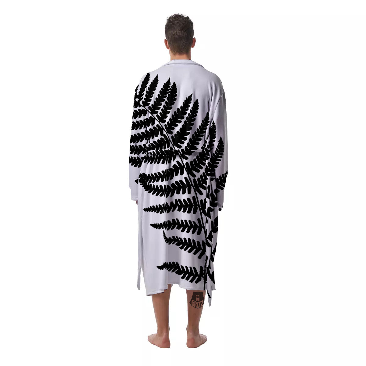 Fern Leaf White And Black Print Men's Robe-grizzshop