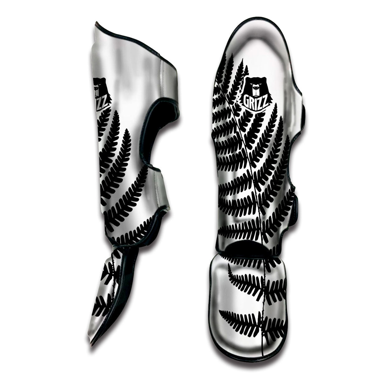 Fern Leaf White And Black Print Muay Thai Shin Guards-grizzshop