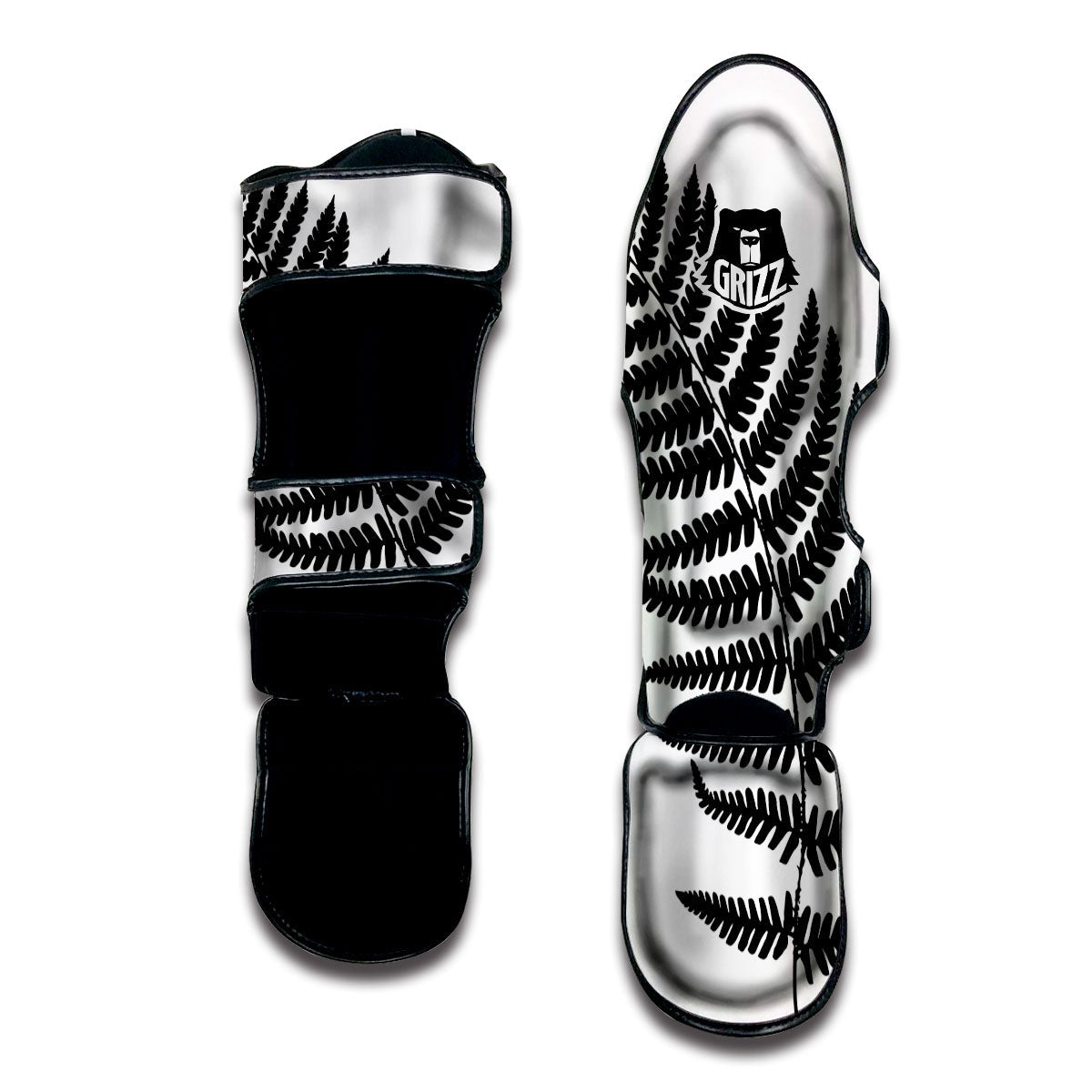 Fern Leaf White And Black Print Muay Thai Shin Guards-grizzshop
