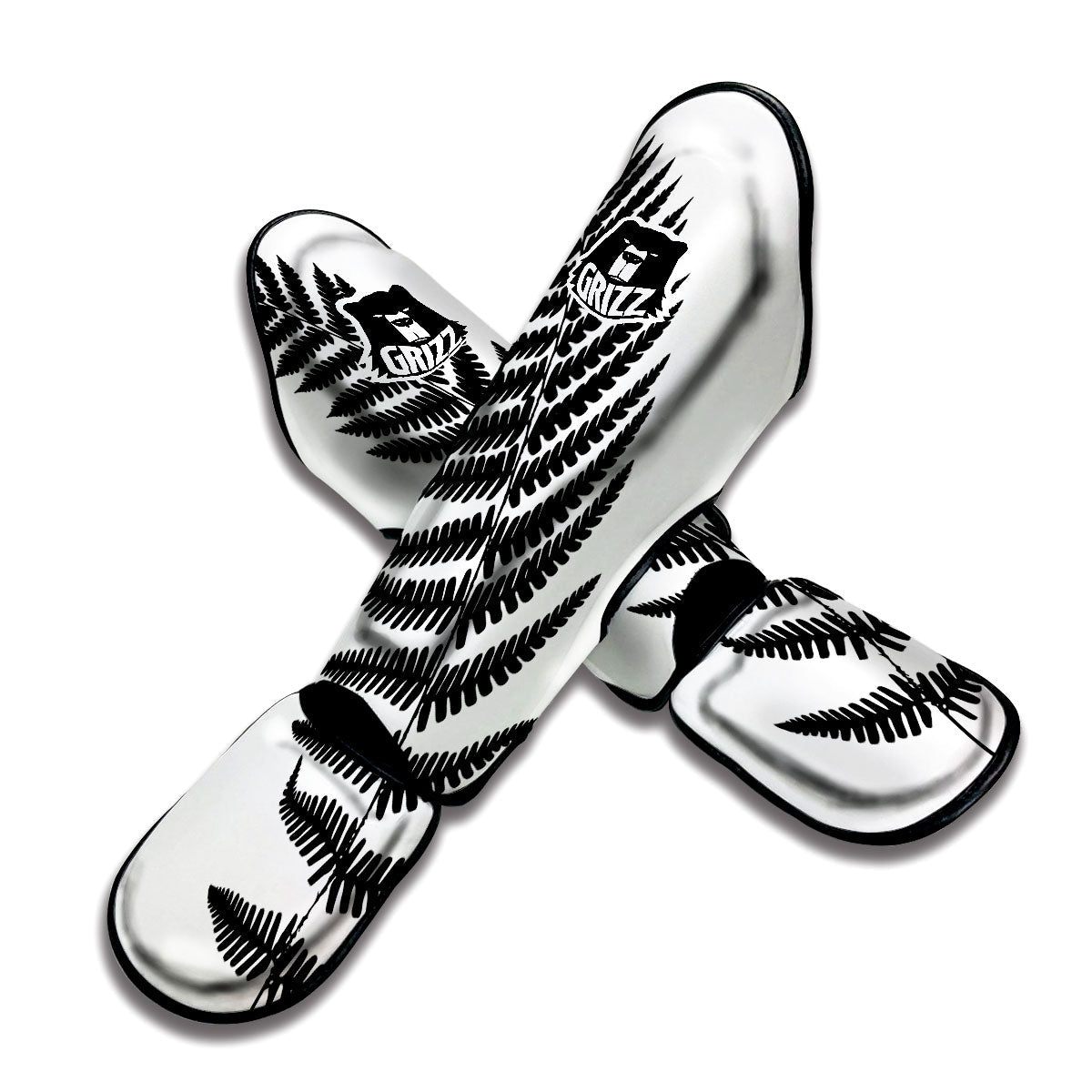 Fern Leaf White And Black Print Muay Thai Shin Guards-grizzshop