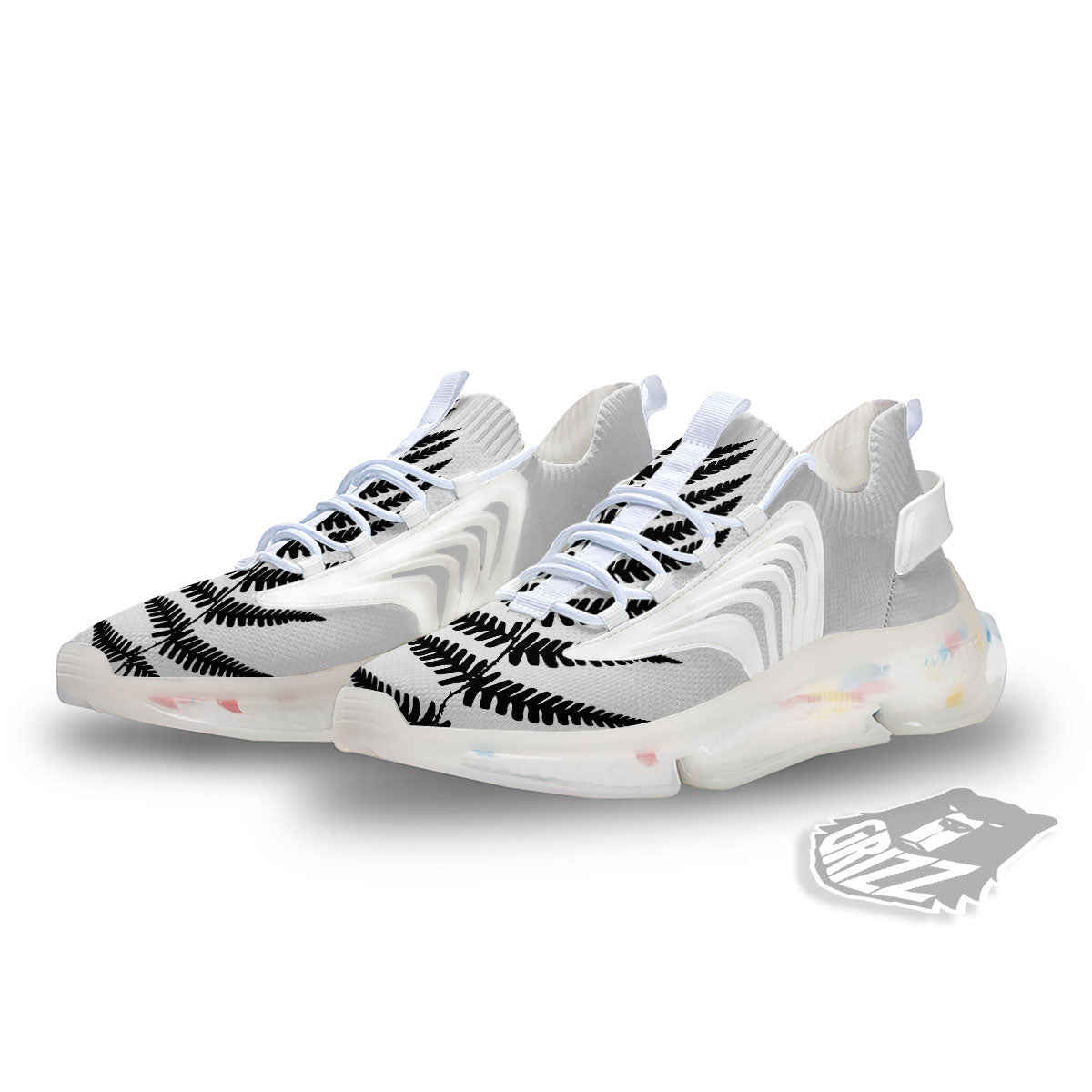 Fern Leaf White And Black Print White Gym Shoes-grizzshop