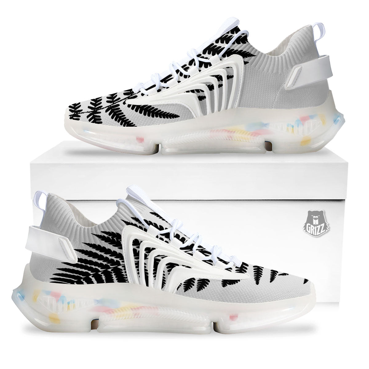 Fern Leaf White And Black Print White Gym Shoes-grizzshop